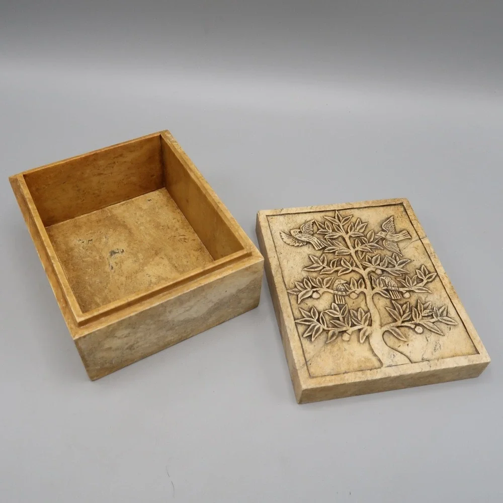 Vintage Marble Jewelry Trinket Box Tan Brown Carved Tree w Birds 4.5